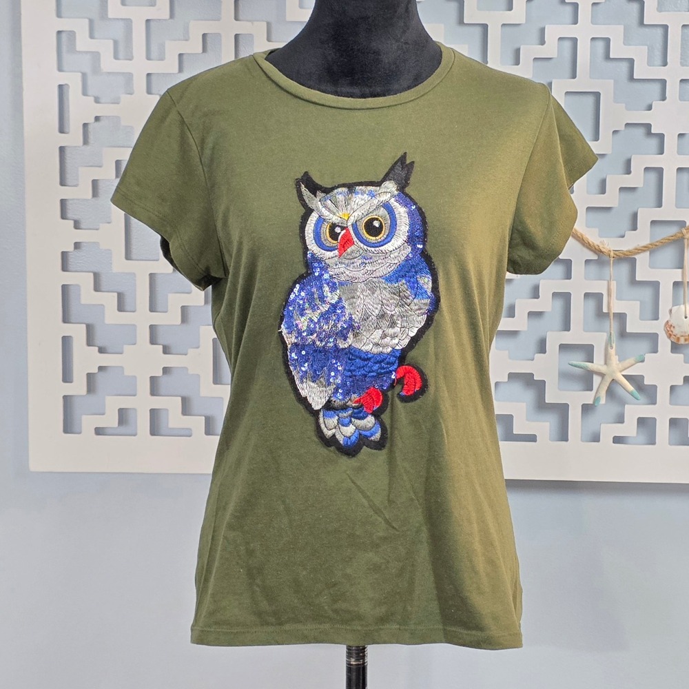 Sweet Lips Womens XL Olive Green Sequin Embroidered Owl Graphic T-Shirt Tee